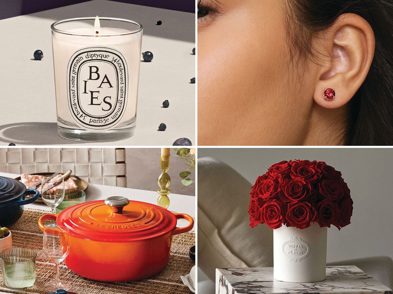 Collage of four luxury gifts for your wife: Diptyque candle, garnet earrings, eternity roses, Le Creuset pot