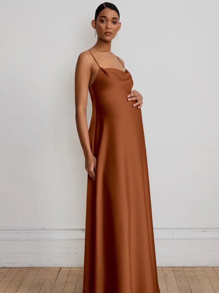 Floor length slip dress with cowl neck and spaghetti straps