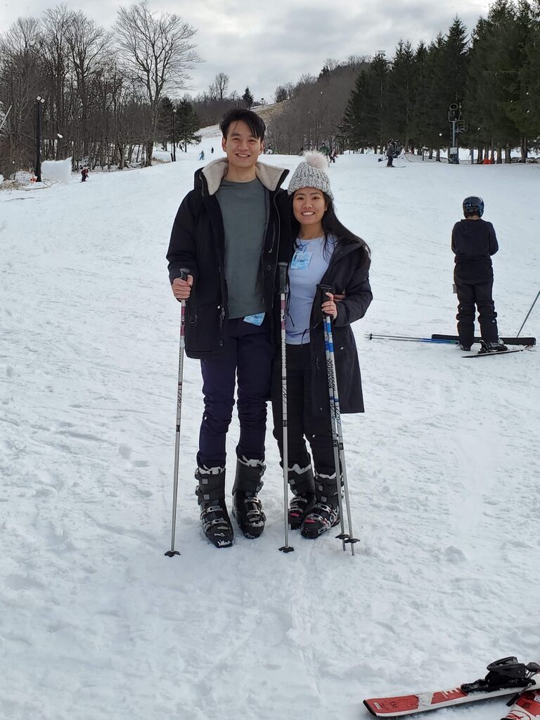 Our first time skiing. My butt was soaking from falling so many times. Huy was a natural but he almost went off the cliff though LOL.