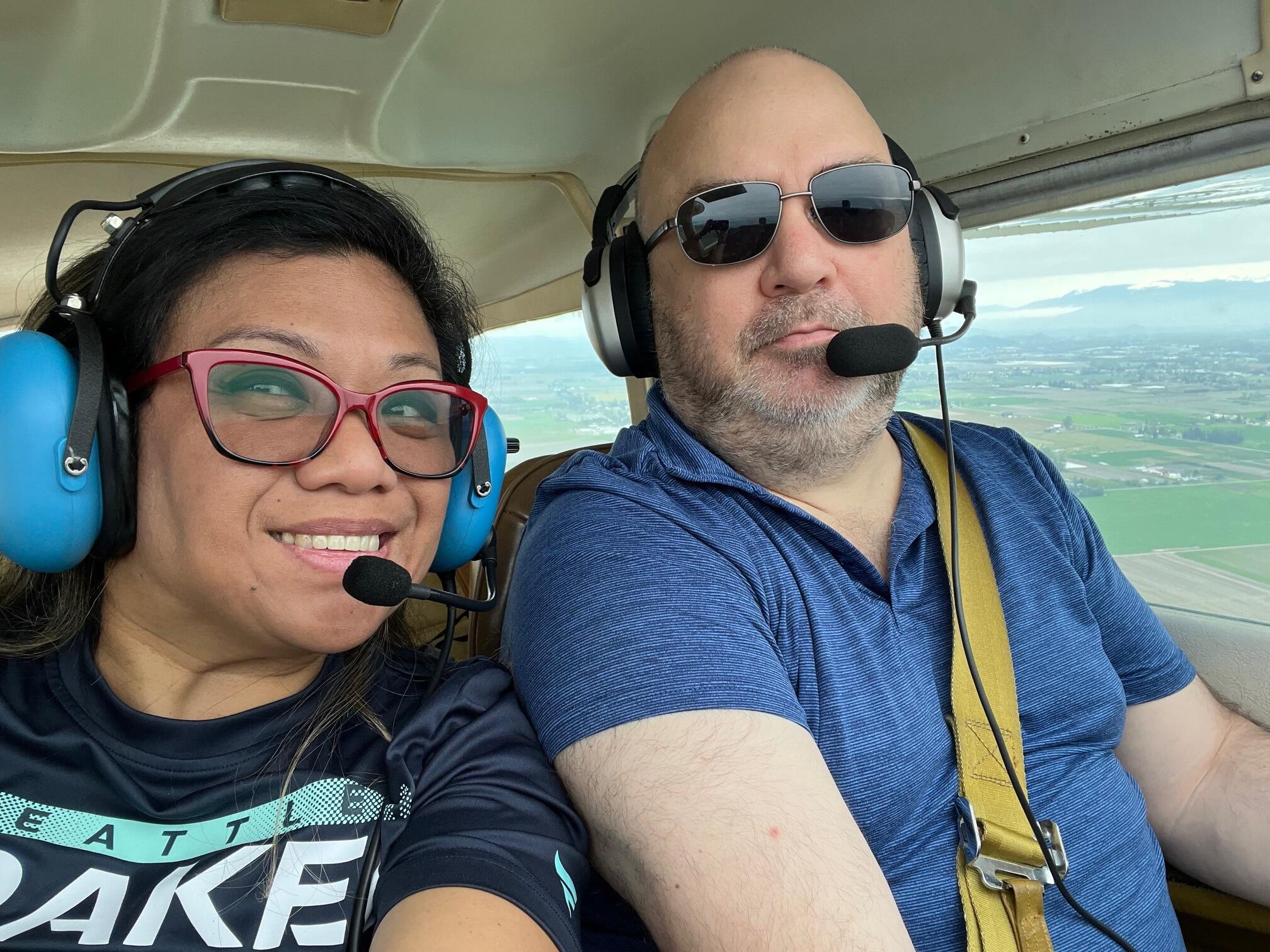 Jason took Irene for a plane ride, she did flew the plane for a bit and they survived.
