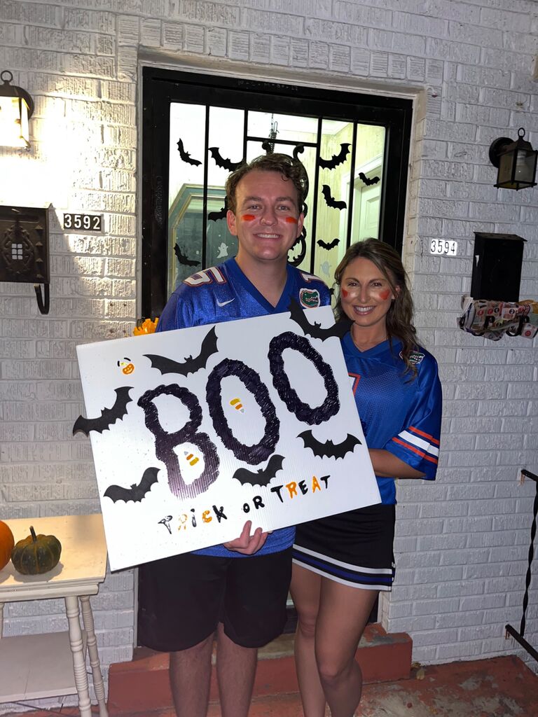 First Halloween dressed as a Florida Gator football player and cheerleader 