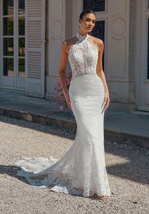 Fit and Flare Gown with Plunging Halter Neckline with Sheer Bodice