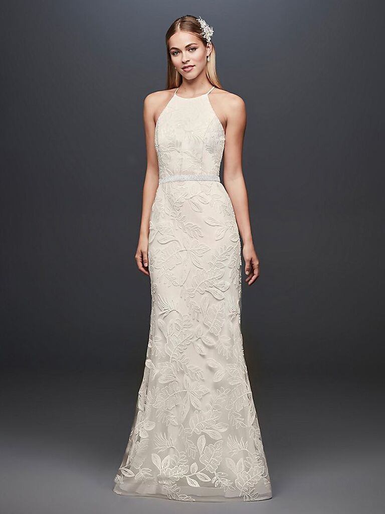 david's bridal white sheath wedding dress with halter neckline leafy lace chest and form fitting leafy lace skirt