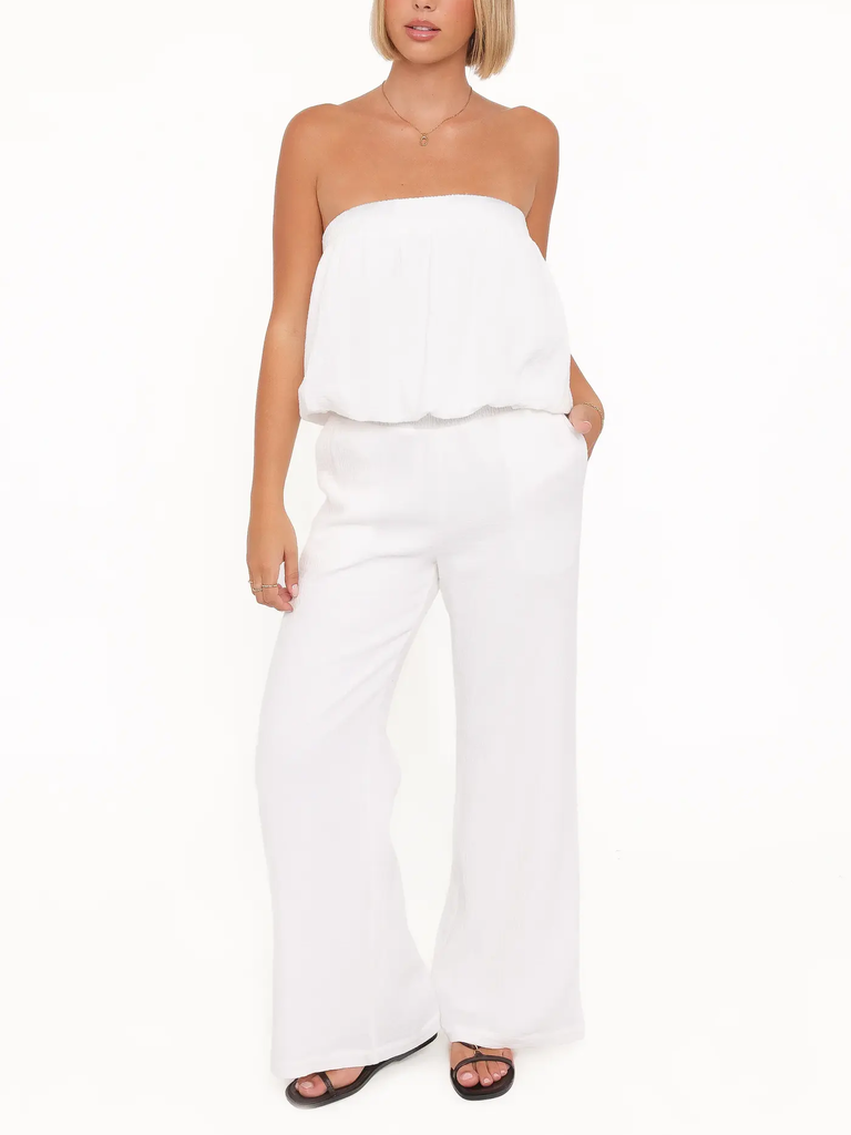 White strapless pant set bachelorette outfit from Petal & Pup