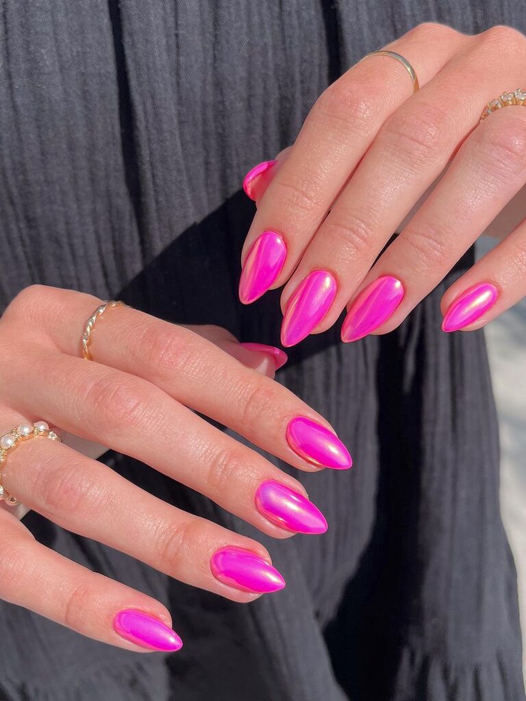 Barbie pink chrome wedding nails