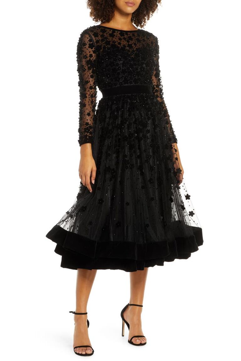 Mac Duggal fit and flare black cocktail wedding guest dress