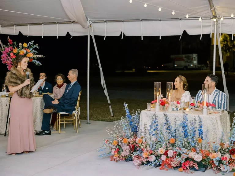 Bridesmaid giving speech during reception