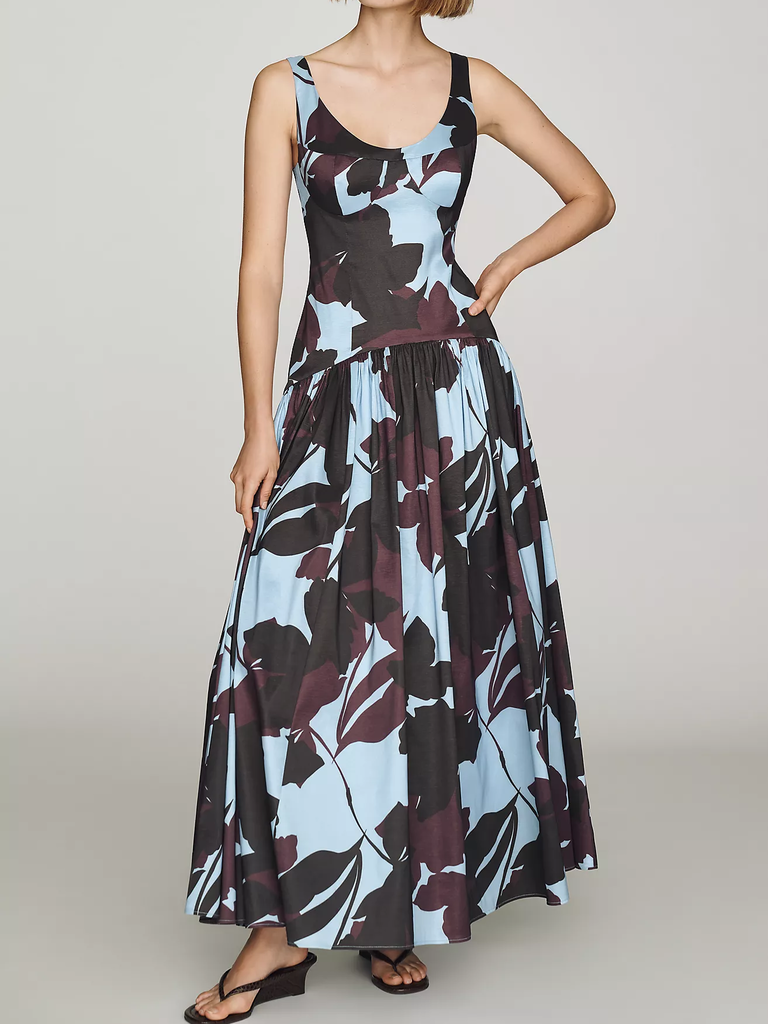 Anthropologie block print floral wedding guest dress