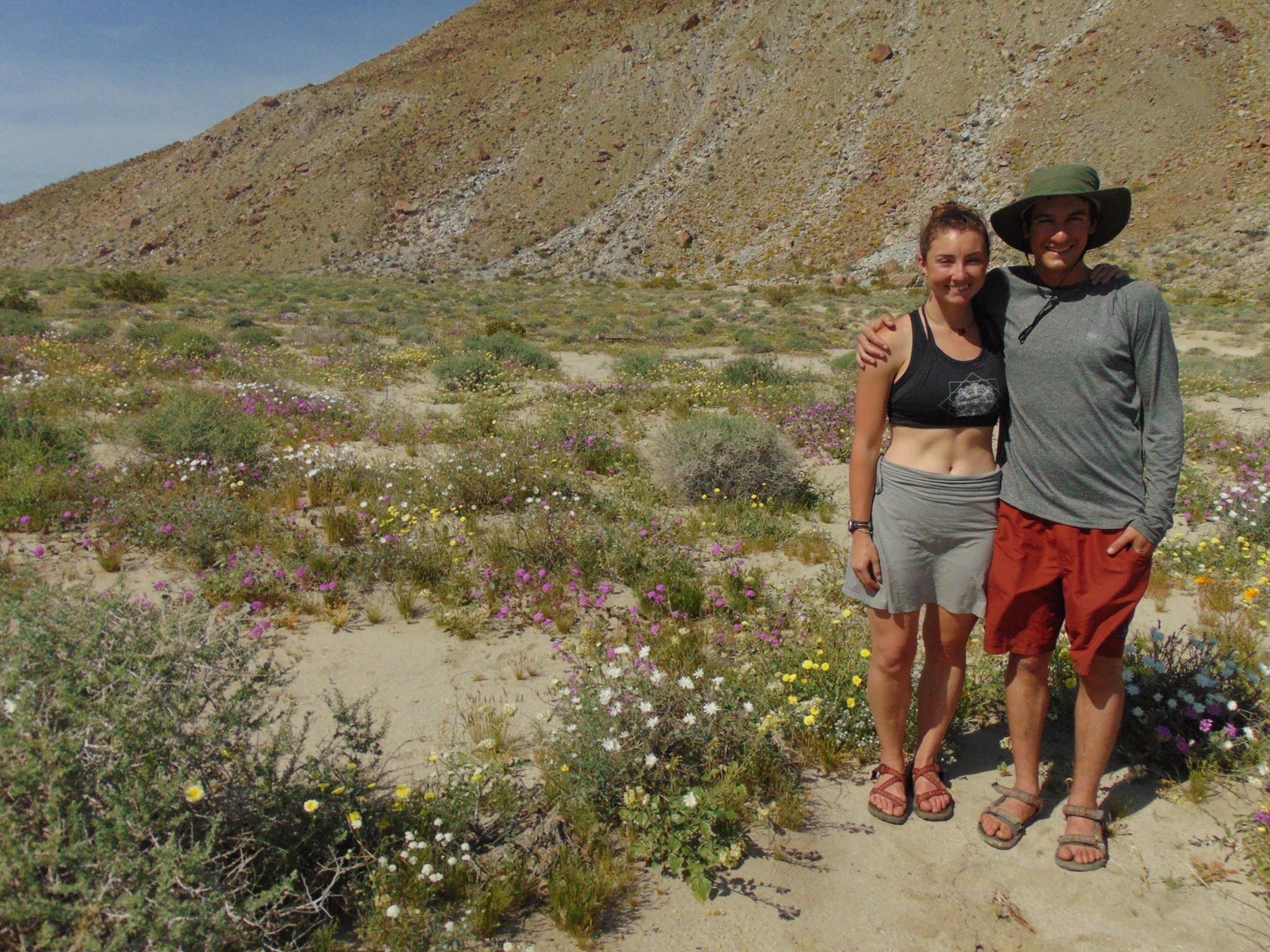 Our first spring break together in undergrad where they went to Joshua Tree in CA  and climbed/camped with a group of friends and explored Anza -borrego Desert Park during the supposed Super Bloom.. can't you tell.