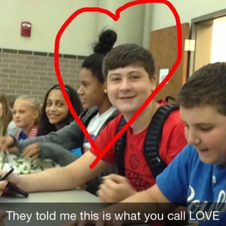 We finally begin dating in seventh grade and solidify our relationship by sitting next to each other at the lunch table!