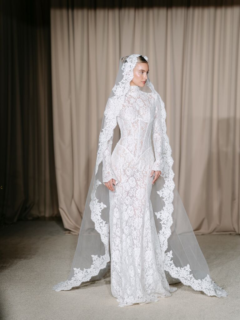New Berta wedding dress style, all lace with drop corset waist and mantilla veil