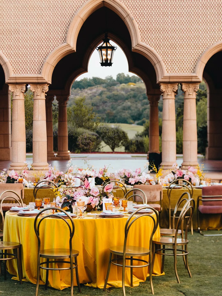 Mustard and blush-colored wedding reception palette