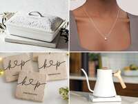 Bridal shower gifts from mother of the groom: casserole dish, pearl necklace, kettle, personalized stone coasters
