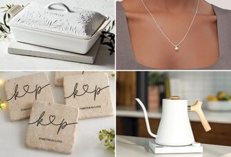 Bridal shower gifts from mother of the groom: casserole dish, pearl necklace, kettle, personalized stone coasters