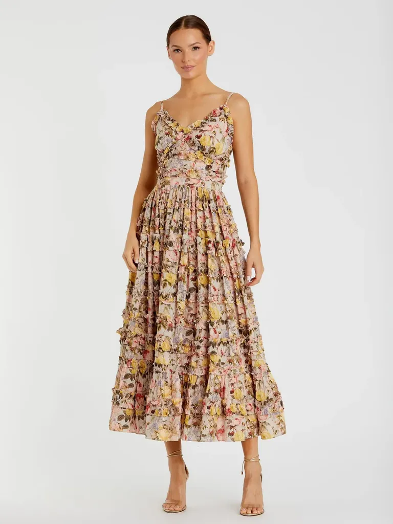 Beige floral ruffle midi mommy and me dress for wedding from Mac Duggal