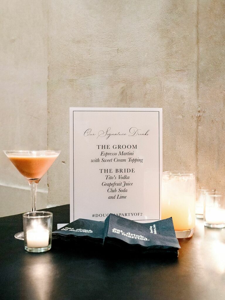 signature wedding drink signage with espresso martini and vodka spritzer