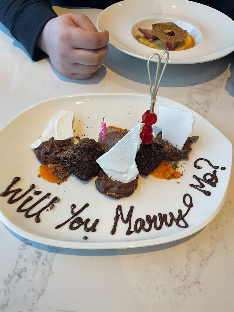 Jordan proposed, Megan said "Yes, obviously yes." Megan was so in shock she could barely eat this delicious dessert. 