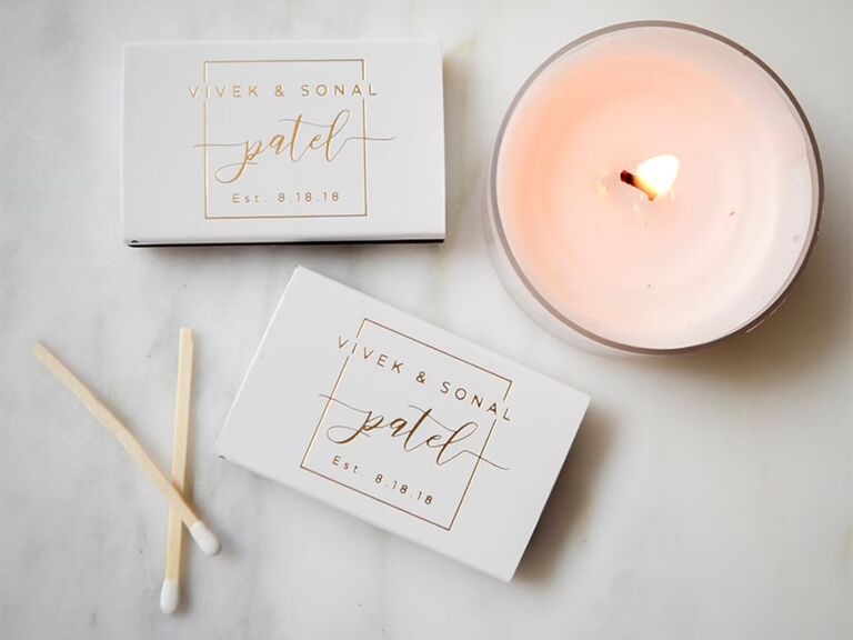 Match boxes with couple's names in gold script