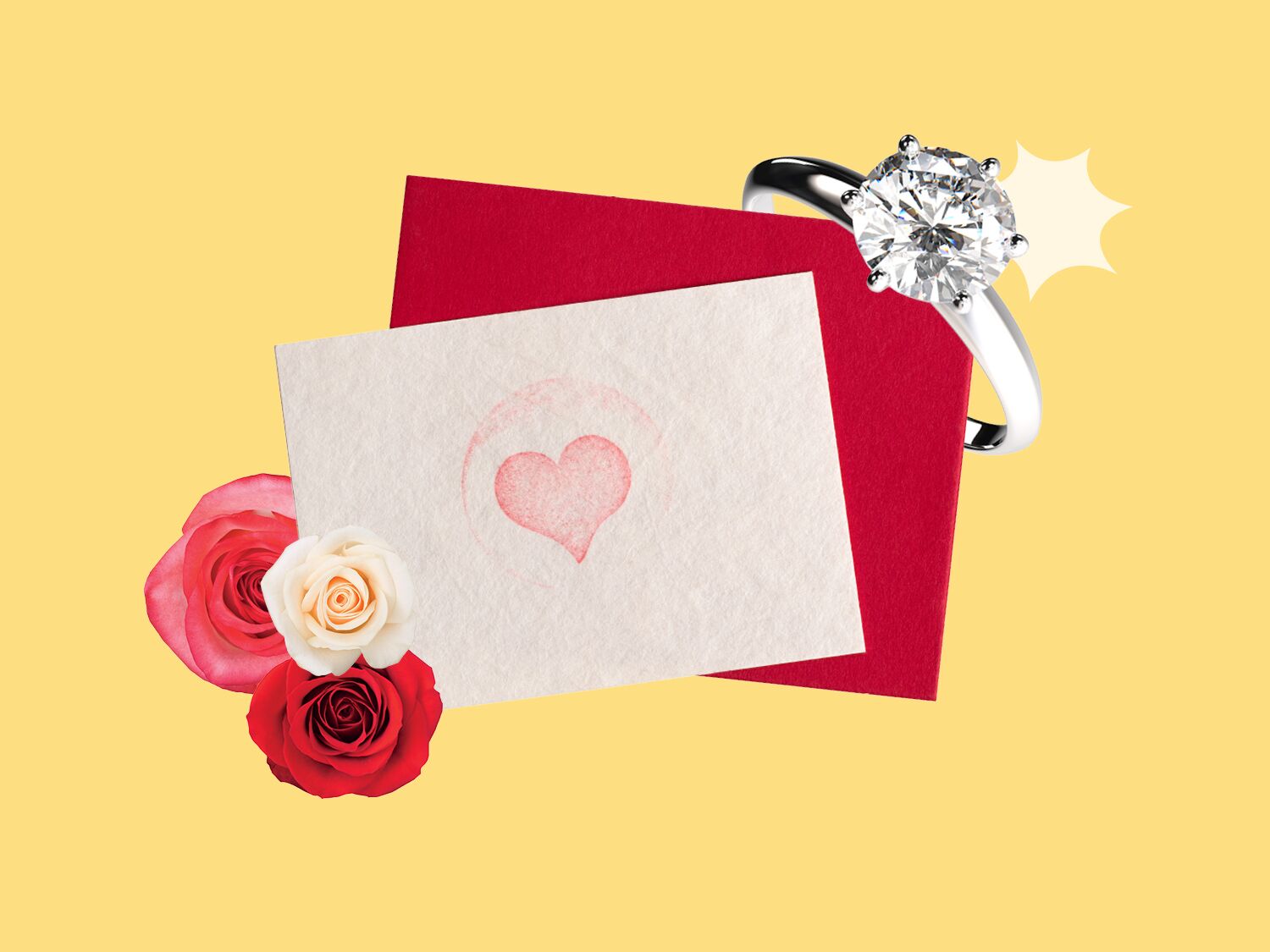 Collage of engagement card, roses and ring