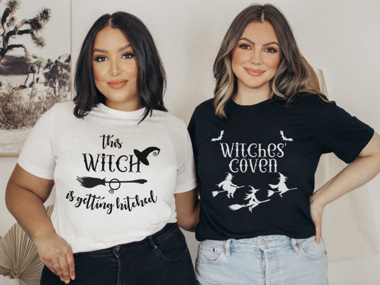 'This witch is getting hitched' black and white hocus pocus bachelorette party tshirts