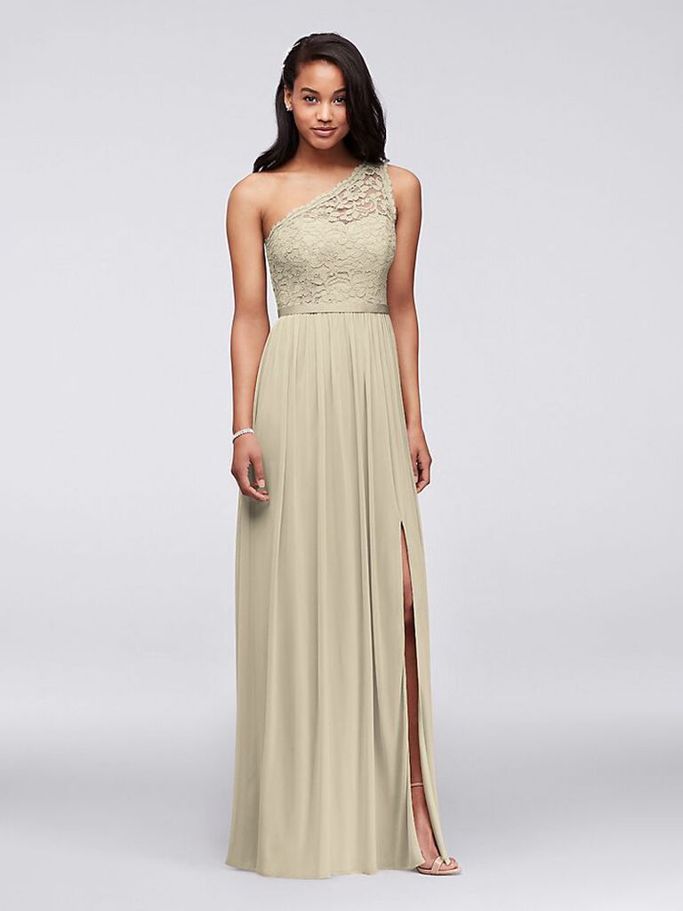 david's bridal one shoulder champagne bridesmaid dress with slit and lace