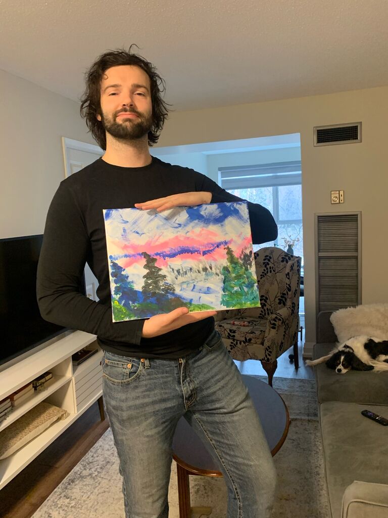 Followed by many creative dates at home, this particular one channeling our inner Bob Ross. 