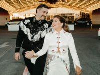 Bride and groom in western attire