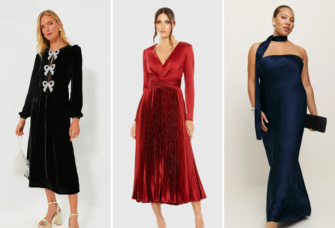 Collage of winter wedding guest dresses