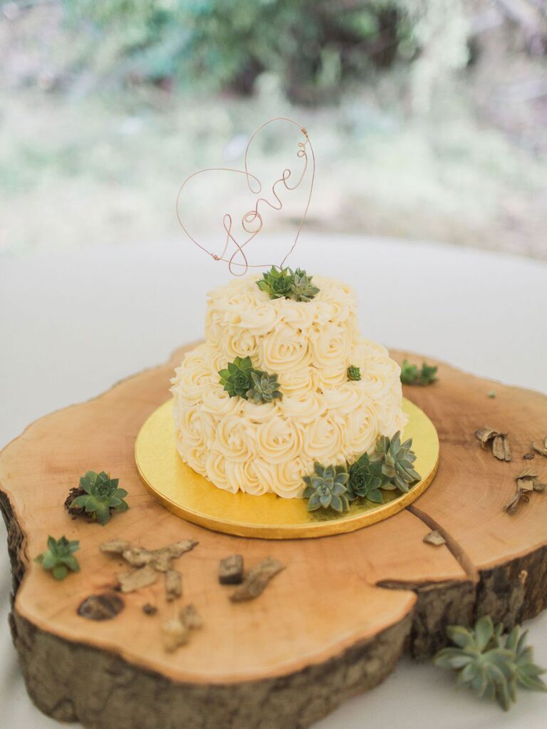 Two-tier rustic wedding cake with yellow rosette frosting, green succulents and rose gold wire caketopper