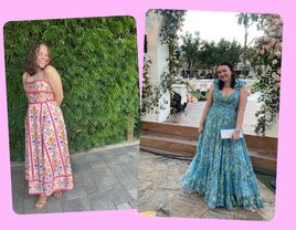 The Knot editors Emily Rumsey and Sarah Hanlon wearing wedding guest dresses