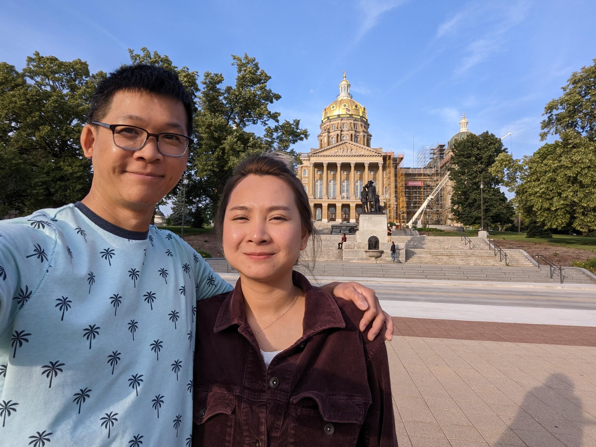 A visit to Cuong's hometown of Des Moines, Iowa with the state capitol in the background. This was Thu's first time to Iowa.