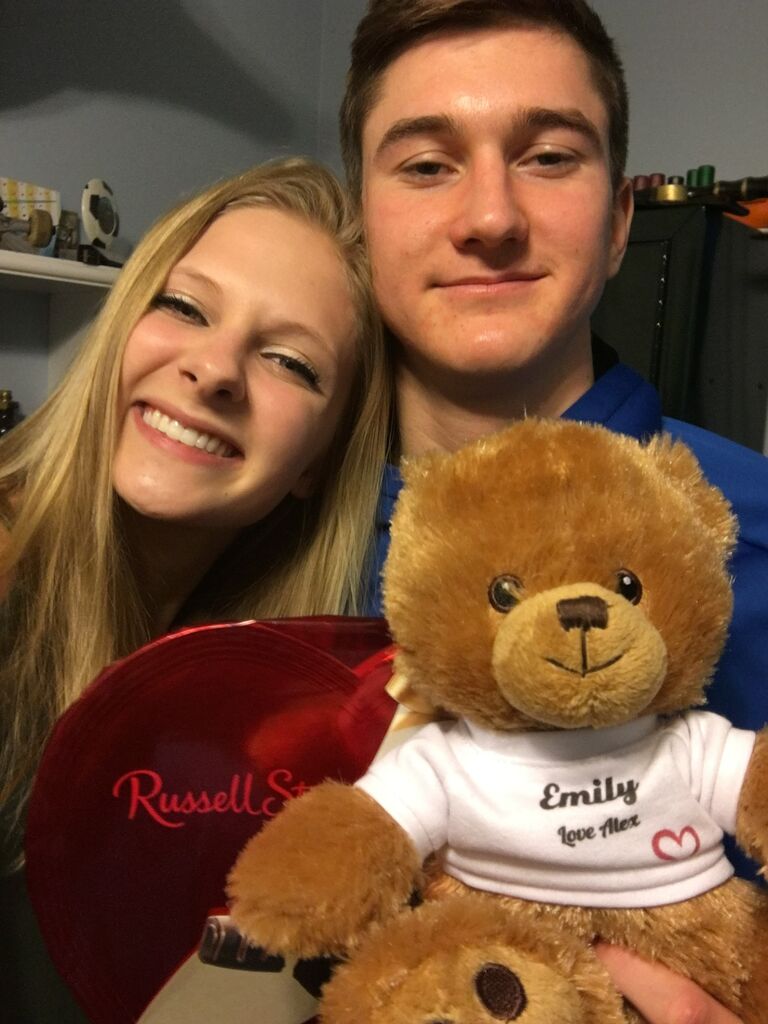 First Valentine's Day. 
The iconic "Emily Love Alex" Bear 