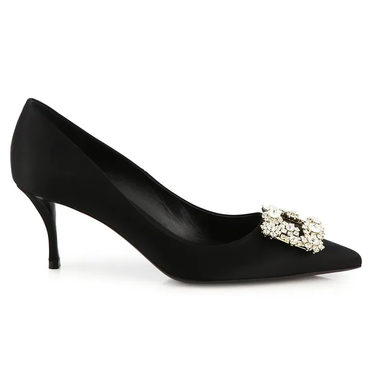 Comfortable black satin pumps with embellishment for wedding