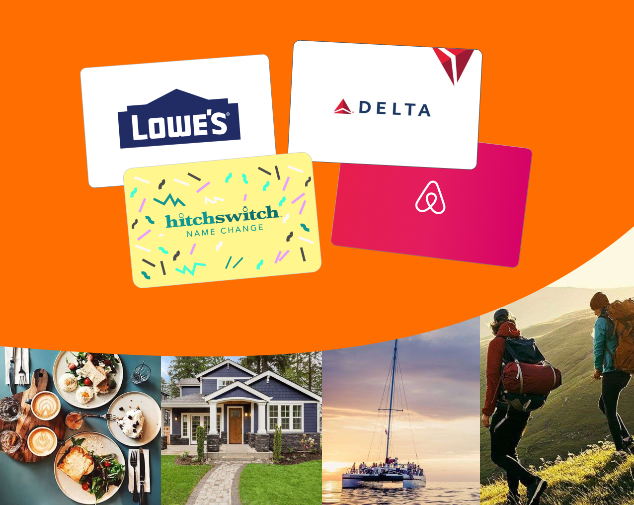A graphic showing gift cards and experiences such as brunch, a home, sailing or hiking.