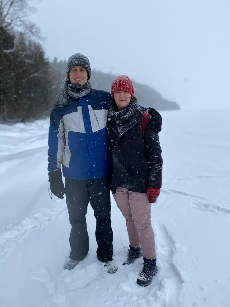 Hike at Potawatomi State Park. Trip to Door County for a pond hockey tournament. Sarah almost wiped out on the ice a million times.