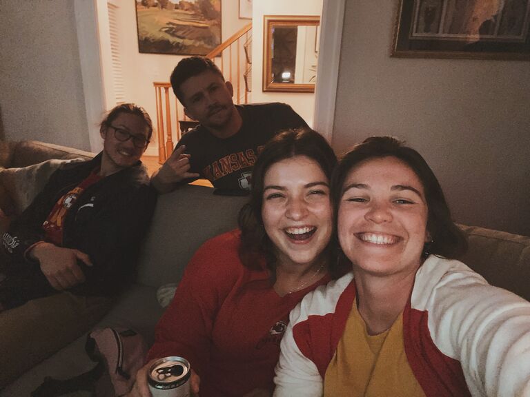 A month after that first get together at Garrett's house, October 10th, 2022, Sebastian and Bridget found themselves together again at his home for a chiefs watch party. In the picture found to the right, it can be seen Brock being a good wingman and saving a designated space on the couch for Sebastian, who was running late from another meeting. At said party, Bridget and Sebastian chatted all evening.  Sebastian finished the night by asking Bridget to join him for brunch at Room39 that next Sunday, October 15th, 2022, which would be their first date.