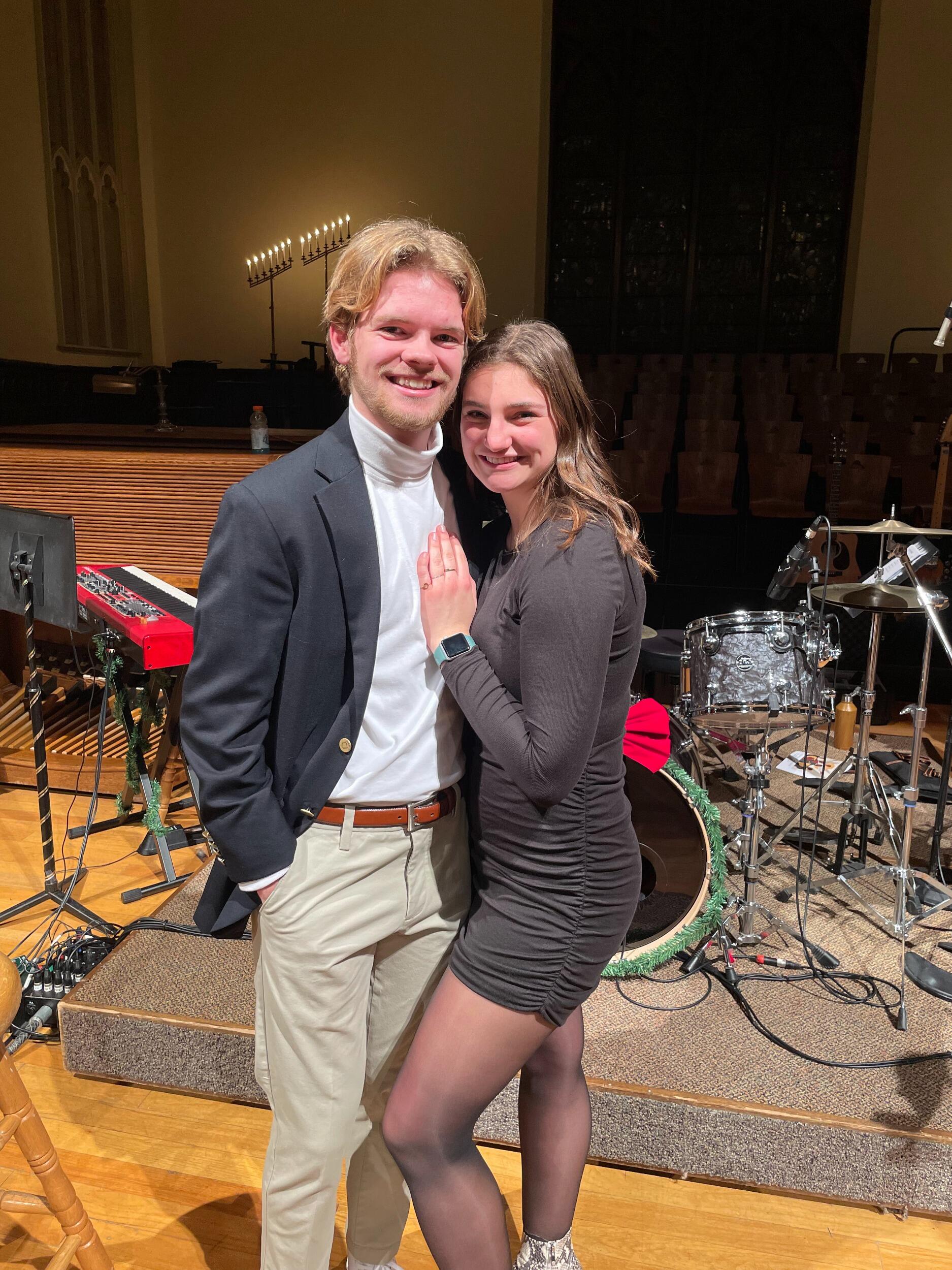 We are dressed up in Dimnent once again for our second Christmas together. This time, Eric is playing bass while Ellie supports from the congregation. 