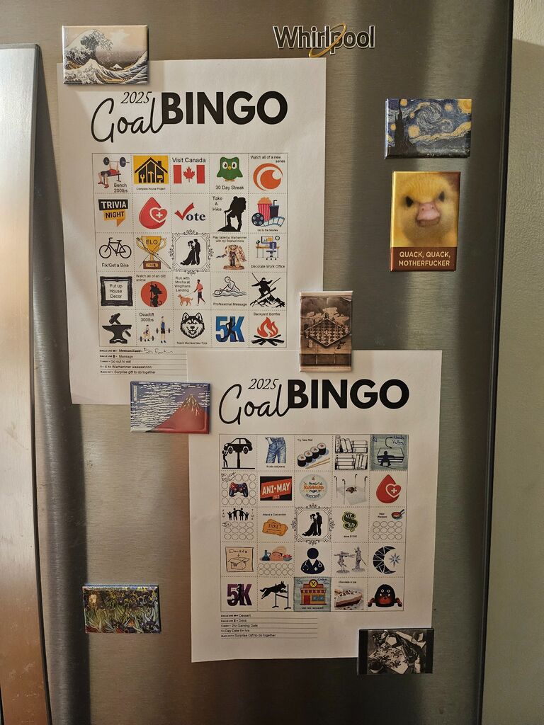 As all good couples do, we support each other and encourage one another. This year we are trying something fun and made a 2025 Bingo Goal List! Today both of us were able to cross off items, Kyle just wanted to snowboard more and Kara finally rode the Ski Lift. 

Fun Fact: Our Free space is the Wedding!!