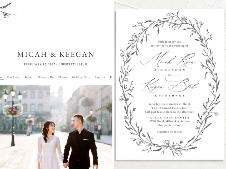 pretty black and white wedding website with matching invitations and floral sketch border