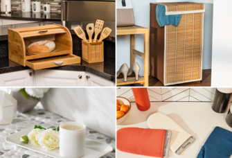 Collage of eco friendly wedding registry gift ideas including bread box, hamper, candle, and oven mitts