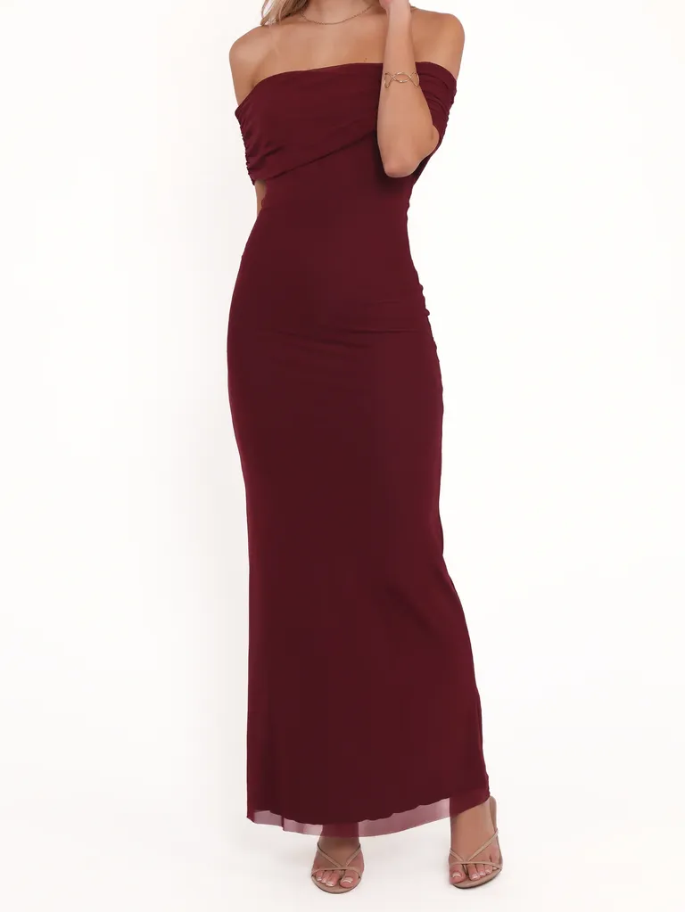 Burgundy off the shoulder maxi dress formal wedding attire from Petal & Pup