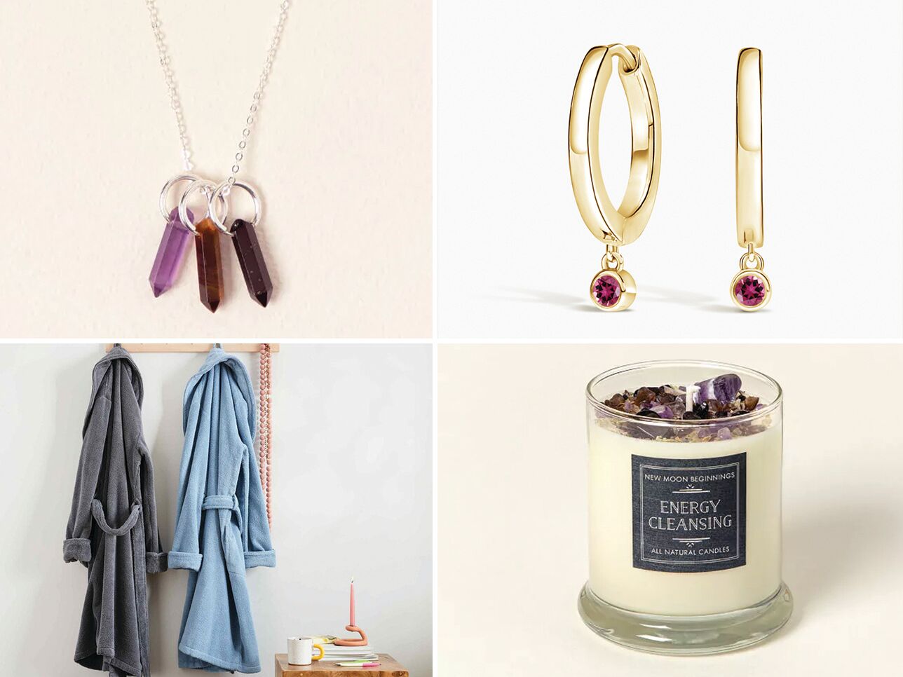 Four 38th anniversary gifts: a pendant necklace, gold hoop earrings, a scented candle, and plush robes