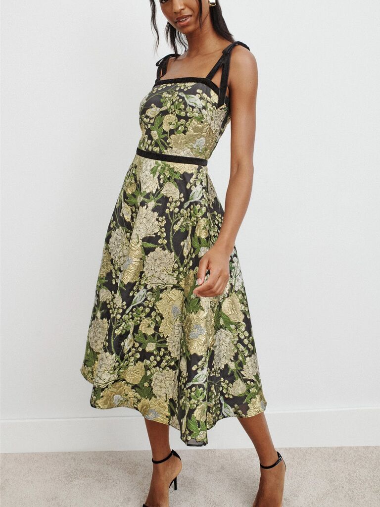 Theia velvet bow strap wedding guest dress