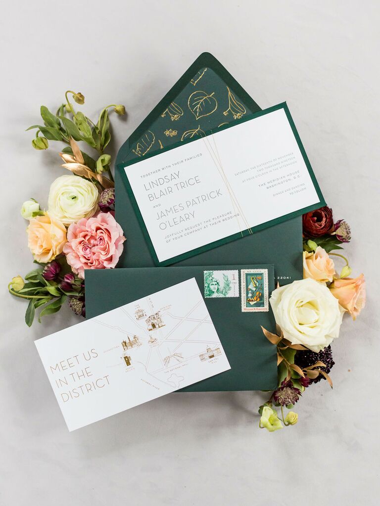 Emerald green and gold fall wedding color palette on wedding invitations