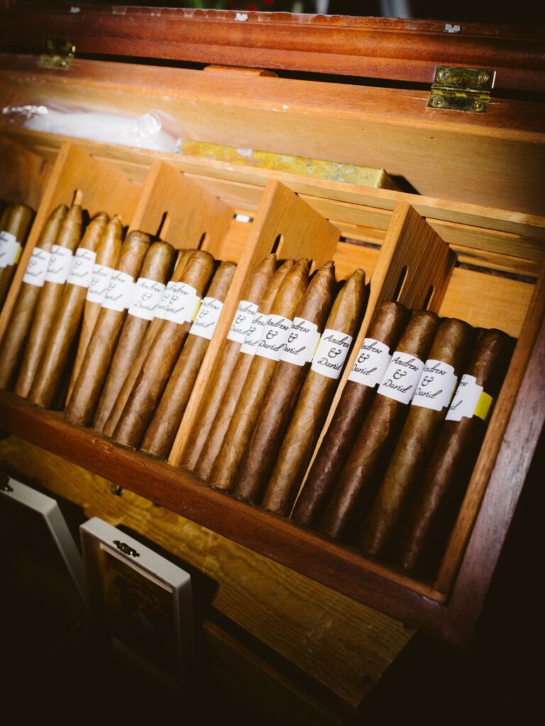 wedding cigar bar with custom stickers on the cigars