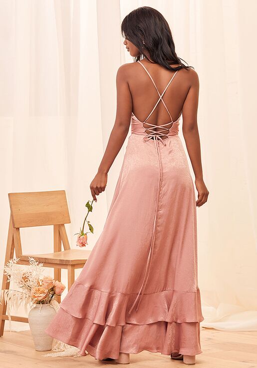 Lulus In Love Forever Rose Pink Satin Lace Up High Low Maxi Dress Bridesmaid Dress The Knot 1518