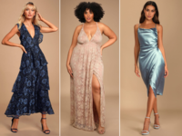 collage of three Lulus wedding guest dresses