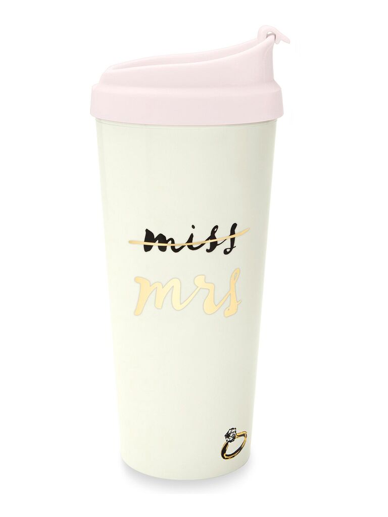 'miss' crossed out and 'mrs.' in gold script on cream tumbler with pink lid