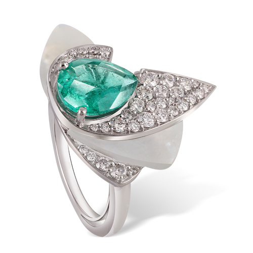 Layered emerald and diamond engagement ring