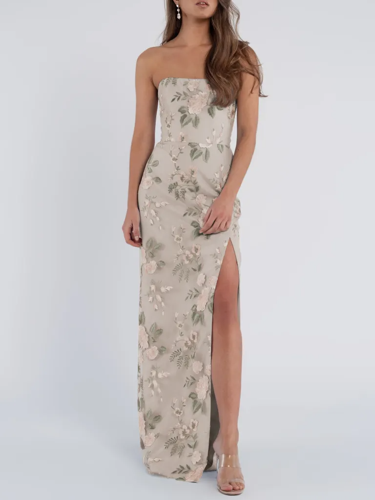 Jenny Yoo floral beige maxi bridesmaid dress